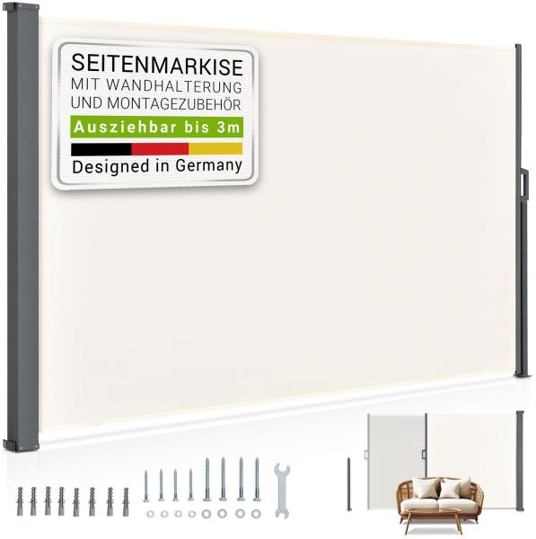 Juskys Seitenmarkise Dubai 300 x 160 cm ausziehbar blickdicht, Sichtschutz für Balkon & Terrasse, Seitenrollo mit Wandhalterung – beige