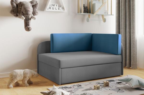 Sofa Kindersofa Schlafsofa inkl. Bettkasten MAILO Seite Links Stoff Grau / Blau