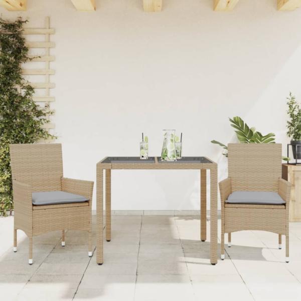 vidaXL 3-tlg. Garten-Essgruppe mit Kissen Beige Poly Rattan und Glas