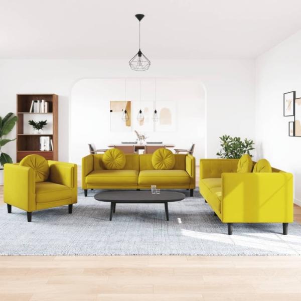 3-tlg. Sofagarnitur mit Kissen Gelb Samt (Farbe: Gelb)