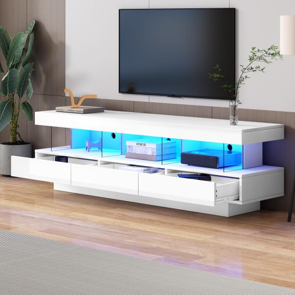 Merax 160*38*50.5cm weißer Hochglanz-TV-Schrank mit 3 Glasfächern, LED-Beleuchtung, App-Steuerung, Bluetooth-verbunden, für 70-Zoll-TV, Hochglanz mit Glas-TV-Ständer, Smart TV-Schrank