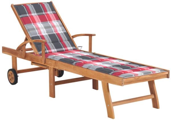 vidaXL Sonnenliege mit Auflage Rotes Karomuster Massivholz Teak 3063019