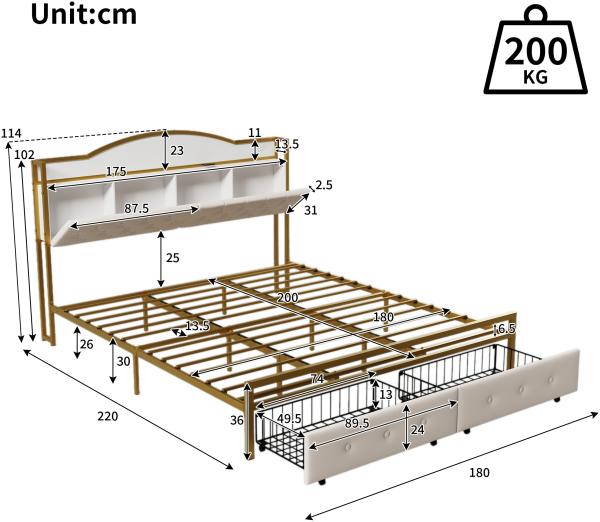 Merax 180*200cm Flachbett, Eisenrahmenbett, eingebautes Staufach im Kopfteil, USB-Steckdose, Doppelschubladen am Ende des Bettes, Gold+Weiß Bild 4