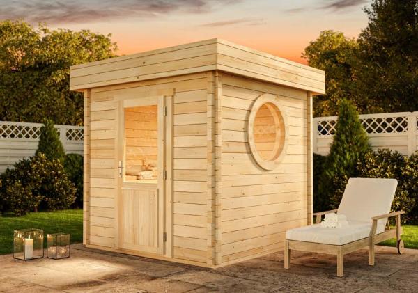 FinnTherm 'Cubus-70 A' Gartensauna mit 3 Sitzbänken, Holz natur, 263 x 264 x 264 cm