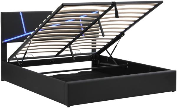 Merax LED Polsterbett 160x200 Doppelbett Funktionsbett aus Kunstleder mit Höhenverstellbares Kopfteil & Lattenrost Schwarz