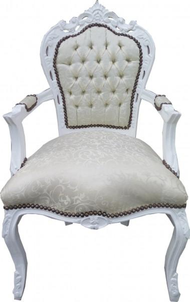 Casa Padrino Barock Esszimmer Stuhl mit Armlehnen Weiss Muster / Weiß - Antik Möbel - Limited Edition