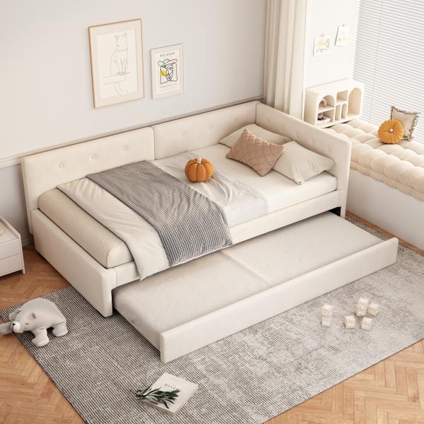 Merax Daybett, Tagesbett Schlafsofa Polsterbett 90x200cm mit Ausziehbett 90x190cm, beige