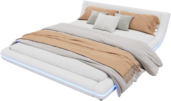 Merax 160*200cm Flachbett, Bodenbett, PU, LED-Umgebungslicht, 24-Tasten-Fernbedienung, weiß