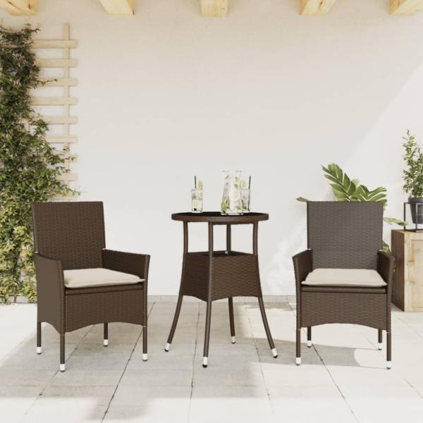 vidaXL 3-tlg. Garten-Essgruppe mit Kissen Braun Poly Rattan Glas