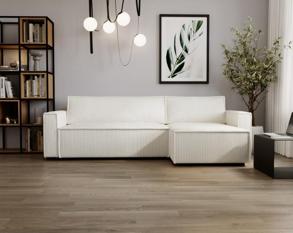 Ecksofa mit Schlaffunktion, und breite Armlehnen, Bettkaste - SORIA - Creme Cord