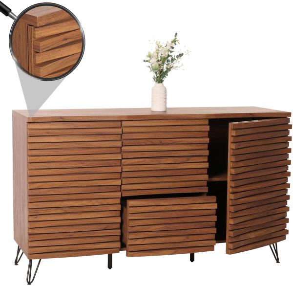 Sideboard HWC-M49, Schrank Kommode Highboard, 3D-Design Staufächer, Massiv-Holz Mango Metall 85x142x44cm ~ Walnuss-Optik