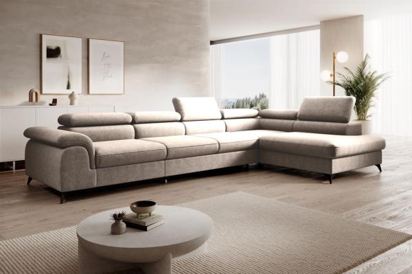 Ecksofa Schlafsofa Sofa BASTIEN MAX in Stoff Whisper Beige Ottomane Rechts