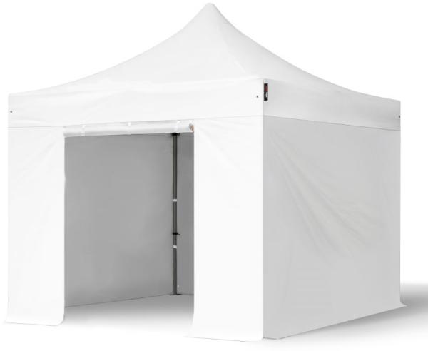 3x3 m Faltpavillon, PREMIUM Stahl 40mm, feuersicher, Seitenteile ohne Fenster, weiß