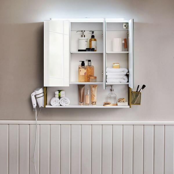 VASAGLE Spiegelschrank Bad mit Beleuchtung, Badezimmerschrank, Spiegelschrank, Badschrank, Wandschrank fürs Bad, höhenverstellbare Regalebene, Doppeltür, modern, weiß-gold