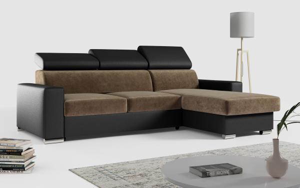 Ecksofa, Verstellbare Kopfstützen, L Couch, Polstersofa mit Bettkasten - FOX-L - Braun - Schwarz