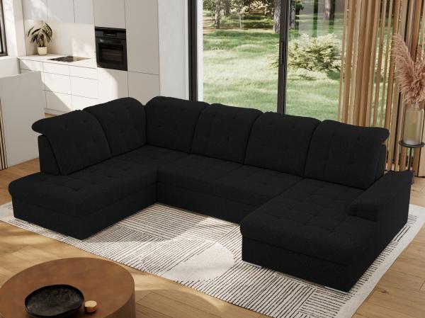 Ecksofa, Wohnzimmer U Couch, Polstersofa mit Bettkasten - MADRITO U - Schwarz Boucle - Links