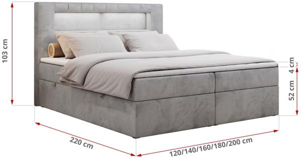 Boxspringbett - Polsterbett mit LED Kopfteil - GOLD-5 - 180x200cm - Hellgrau Velours - H3 Bild 5