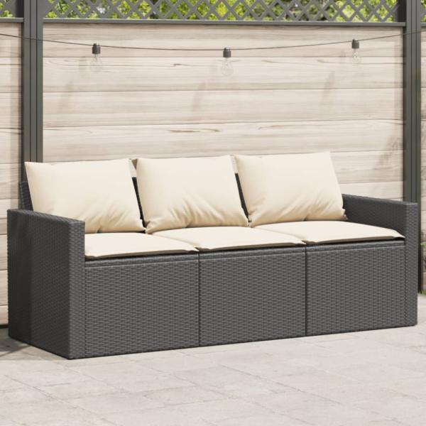 vidaXL Gartensofa mit Kissen 3-Sitzer Schwarz Poly Rattan