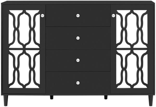 Merax Sideboard mit Spiegelelementen und geometrischem Trellis-Muster, Kommode mit vier Schubladen und Spiegelfront, Anrichte