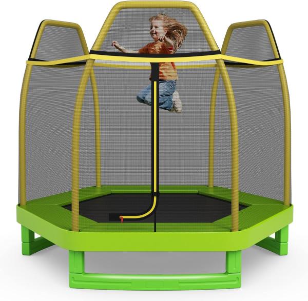 COSTWAY 223 cm Kinder-Trampolin mit Sicherheitsnetz und Federkissen, Outdoor- / Indoor-Trampolin für Kleinkinder mit verzinktem Stahlrahmen, für Jungs und Mädchen Gelb