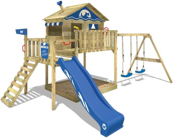 WICKEY Spielturm Klettergerüst Smart Coast mit Schaukel & blauer Rutsche, Stelzenhaus mit Sandkasten, Kletterleiter & Spiel-Zubehör