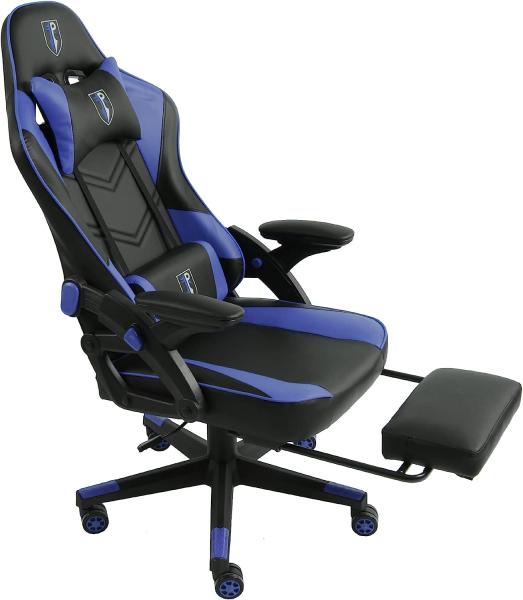 Gaming Stuhl im modernen Racing-Design mit ausziehbarer Fußstütze Gaming Chair mit verstellbaren Design Armlehnen ergonomischer Schreibtischstuhl mit extra Stützkissen Schwarz/Blau