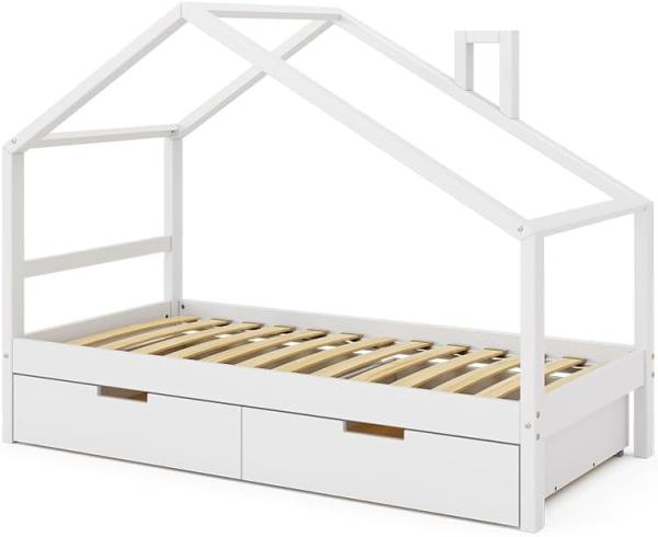 VitaliSpa Kinderbett Lori 160x80 cm Weiß Hausbett mit Lattenrost & Schublade