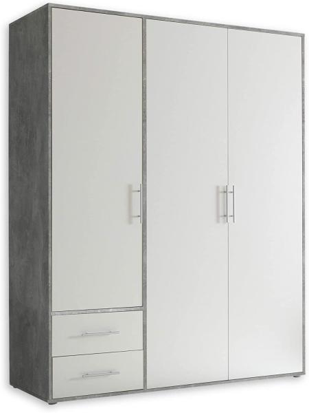 Valencia Kleiderschrank in Beton Optik, Weiß - Vielseitiger Drehtürenschrank 3-türig mit viel Stauraum für Ihr Schlafzimmer - 155 x 195 x 60 cm (B/H/T)