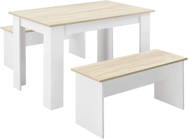 Tisch- und Bank Set Hokksund 110x70 cm mit 2 Bänken Weiß/Eiche en. casa