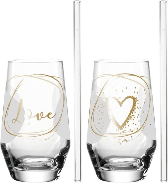 Leonardo 2 Trinkgläser + 2 Glastrinkhalme Presente Love, Glas, klar mit Motiv, 365 ml, 029184