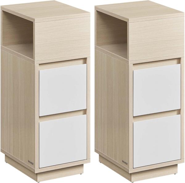 VASAGLE Nachttisch 2er Set, schmal, Beistelltisch mit 2 Schubladen, offenes Fach nach Links oder rechts flexibel montierbar, für Schlafzimmer, Wohnzimmer, naturbeige-wolkenweiß LET856N01