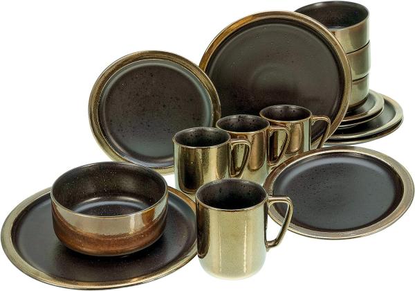 CreaTable 23592 Kombiservice Modern Industrial für 4 Personen, Steinzeug, schwarz/gold (1 Set, 16-teilig)