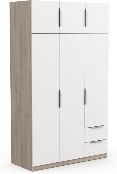 Demeyere Moderner Kleiderschrank, 6 Türen, 5 Einlegeböden, 2 Schubladen, Farbe: Eiche Kronberg & Mattes Weiß, 119,4 x 51,1 x 203 cm, Holzwerkstoff