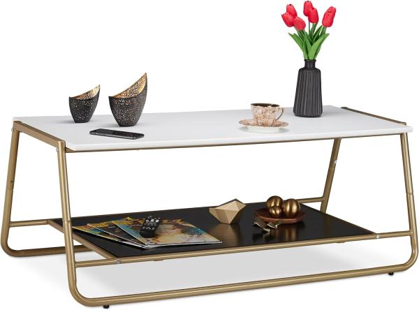 Relaxdays Couchtisch, goldene Metallbeine, 2 Tischplatten, dekorativ, moderner Wohnzimmertisch, HBT 42x110x55 cm, weiß