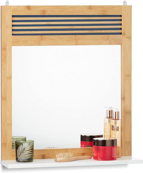 Relaxdays Badspiegel mit Ablage, verzierter Wandspiegel, Bambus Badezimmerspiegel HBT: 61 x 53 x 15 cm, natur weiß Standard