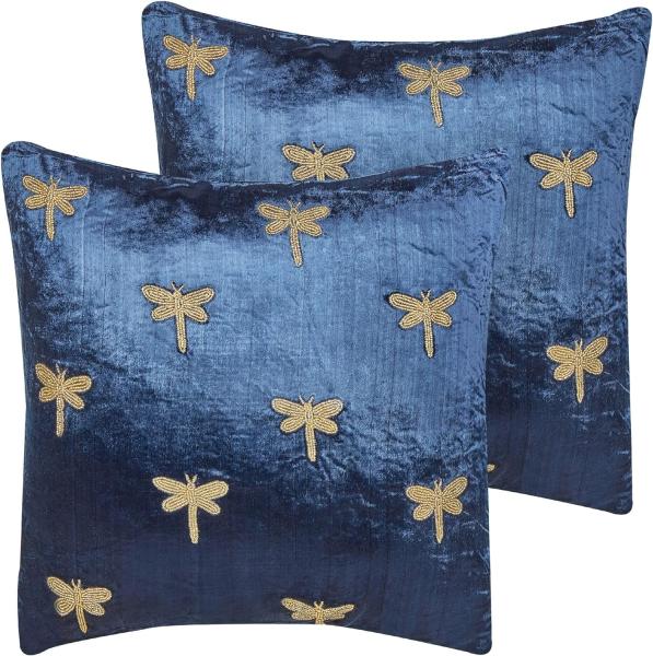 Kissen 2er Set Stickerei Samtstoff Marineblau BLUESTEM 45 x 45 cm