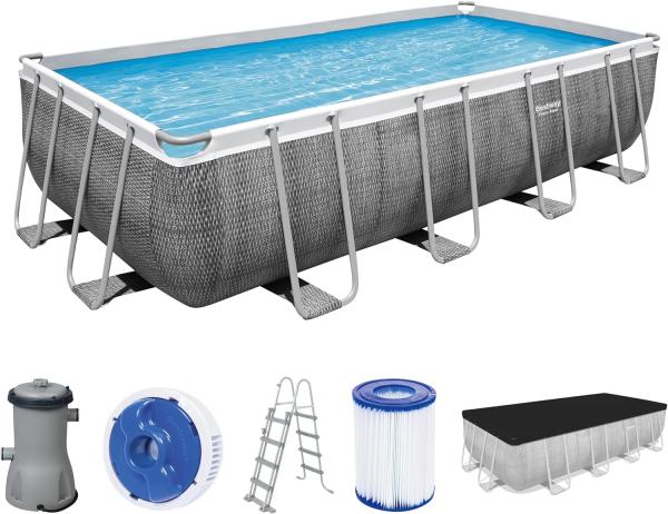 Power Steel™ Frame Pool Komplett-Set mit Filterpumpe 488 x 244 x 122 cm, Rattan-Optik (Schiefergrau), eckig