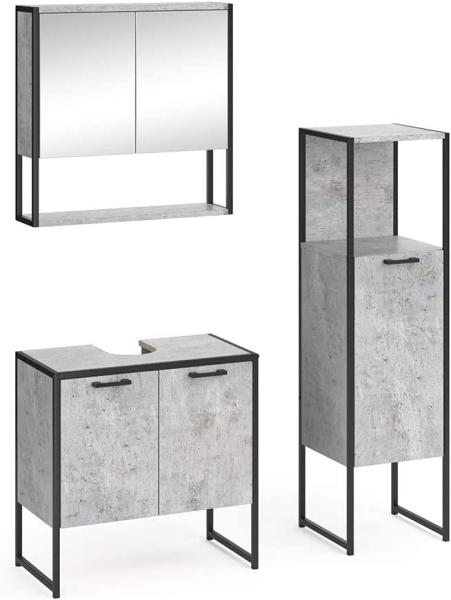 Vicco 'Fyrk' Loft Badmöbel-Set, Beton-Optik mit Spiegelschrank, Unterschrank & Midischrank