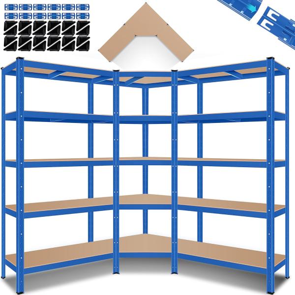 MASKO® 3er Set Metall Regalsystem Lagerregal 1 Eckregal & 2 Lagerregale 15 Böden MDF-Platten Regal 2625 kg Werkstattregal Kellerrregal Garage Schwerlastregal Steckregal MDF-Platten Blau