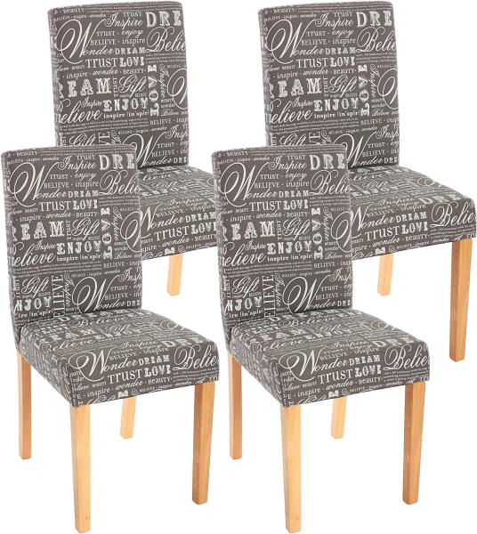 4er-Set Esszimmerstuhl Stuhl Küchenstuhl Littau ~ Textil mit Schriftzug, grau, helle Beine