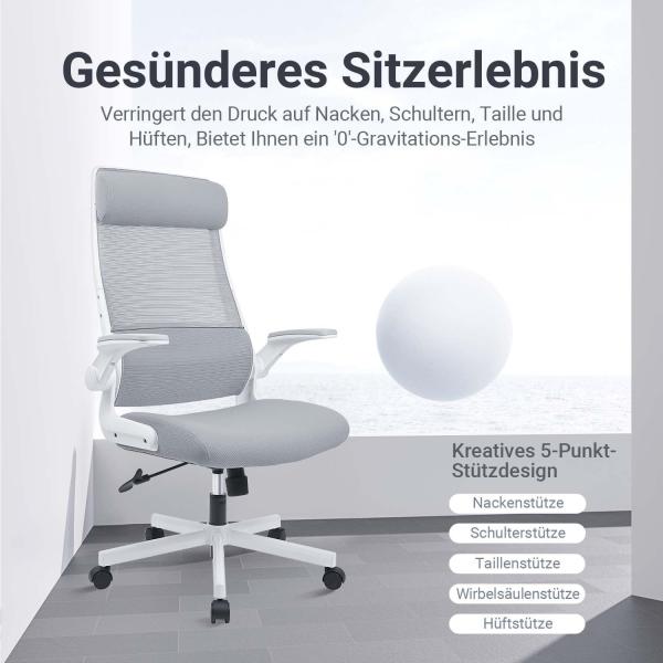 MELOKEA Bürostuhl Ergonomisch, Schreibtischstuhl aus Mesh mit Hochklappbaren Armlehnen, Computer Drehstuhl mit Verstellbare Kopfstützenarme und Lendenwirbelstütze, Chefsessel hat Wippfunktion-Grau Bild 6