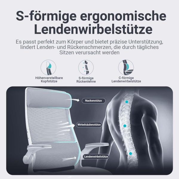 MELOKEA Bürostuhl Ergonomisch, Schreibtischstuhl aus Mesh mit Hochklappbaren Armlehnen, Computer Drehstuhl mit Verstellbare Kopfstützenarme und Lendenwirbelstütze, Chefsessel hat Wippfunktion-Grau Bild 4