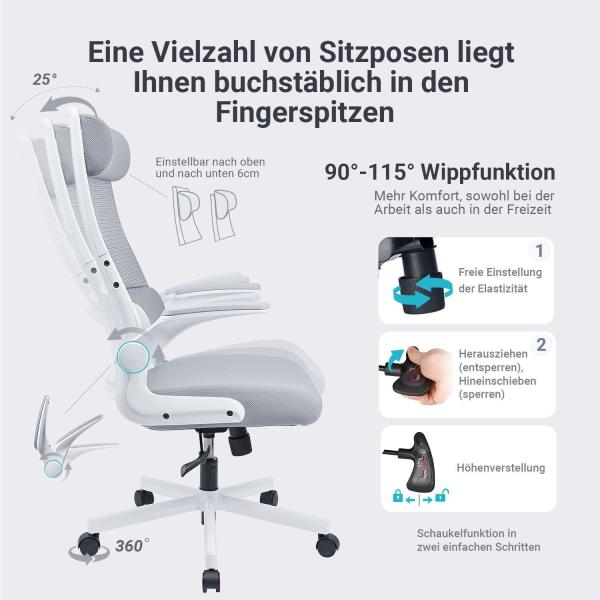 MELOKEA Bürostuhl Ergonomisch, Schreibtischstuhl aus Mesh mit Hochklappbaren Armlehnen, Computer Drehstuhl mit Verstellbare Kopfstützenarme und Lendenwirbelstütze, Chefsessel hat Wippfunktion-Grau Bild 5