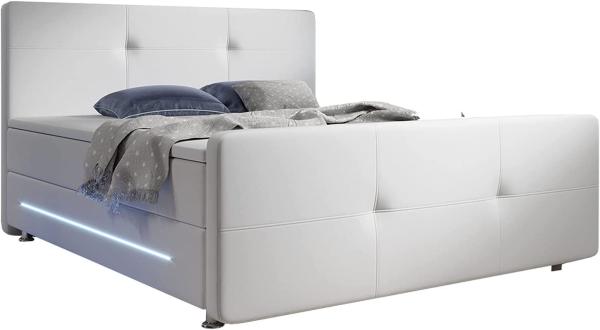 Juskys Boxspringbett Oakland 180 x 200 cm – LED Beleuchtung, Bonell-Matratzen, Topper & Kunstleder – 58 cm Komforthöhe – weiß – Bett Doppelbett