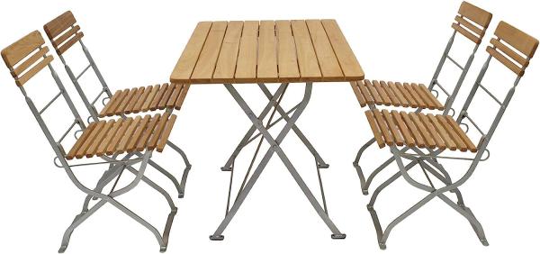 Biergarten - Garnitur MÜNCHEN 5-teilig (4x Stuhl, 1x Tisch 70x110cm), Flachstahl verzinkt + Robinie