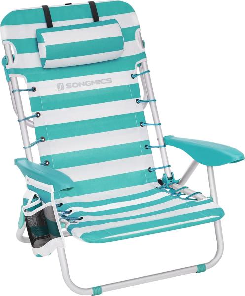Strandstuhl mit Abnehmbarer Kopfstütze, tragbarer Klappstuhl, Campingstuhl, Rückenlehne bis zu 180° verstellbar, mit Getränkehalter und Seitentasche, Grün-weiß gestreift GCB62JW