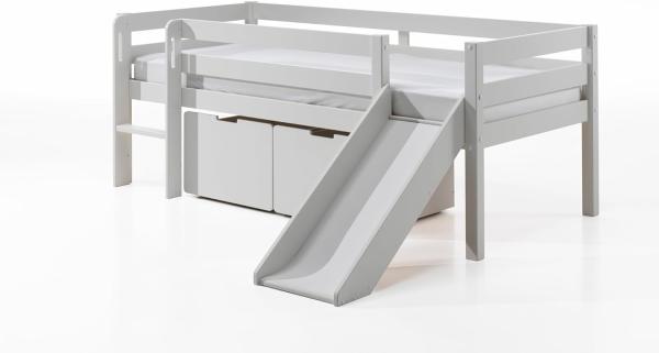 Kojen-Spielbett mit Liegefläche 90 x 200 cm, inkl. Leiter, Rutsche, Rolllattenrost und 2 Schubkästen, Kiefer und MDF weiß lackiert
