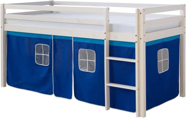 Kinderbett Hochbett Massiv Kiefer weiß Vorhang blau,Spielbett