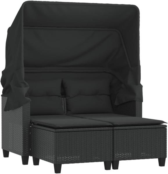 Gartensofa 2-Sitzer mit Dach und Hockern Schwarz Poly Rattan