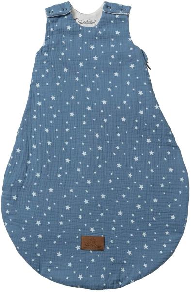 Baby Schlafsack Esel Emmi aus Musselin mit Jerseyfutter, Neugeborenenschlafsack Größe 62/68, jeansblau, TOG 0,50